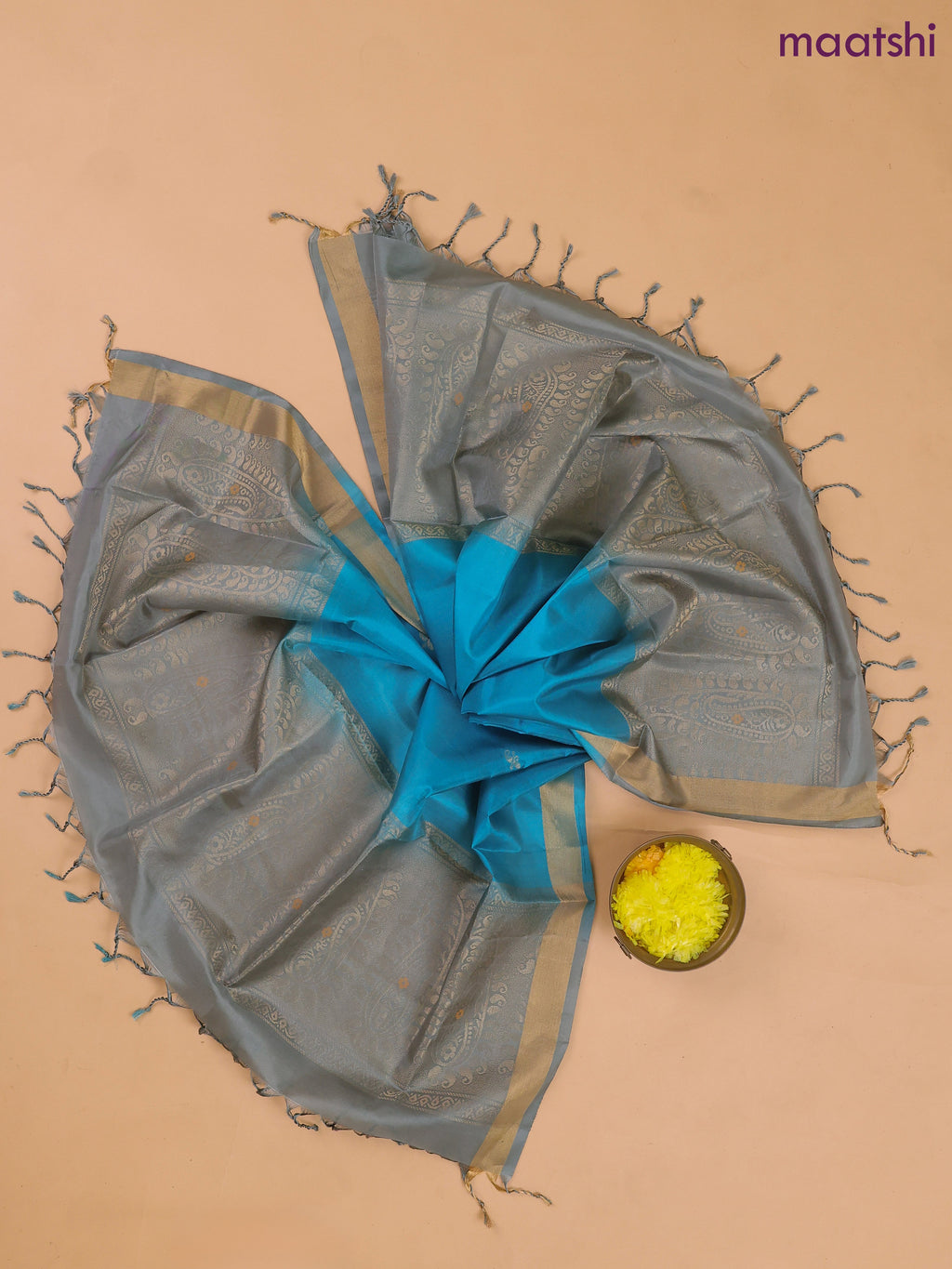 Grayish Blue and Cs Blue Pure Silk Dress Material With Zari Buttas