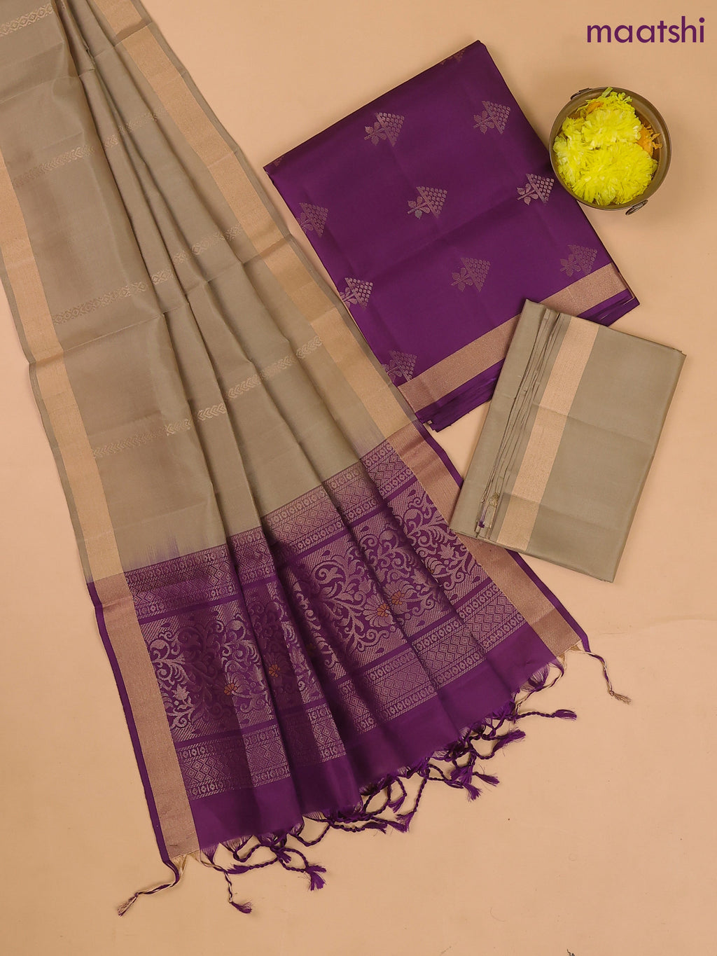 Deep Purple and Elaichi Green Pure Silk Dress Material With Zari Buttas