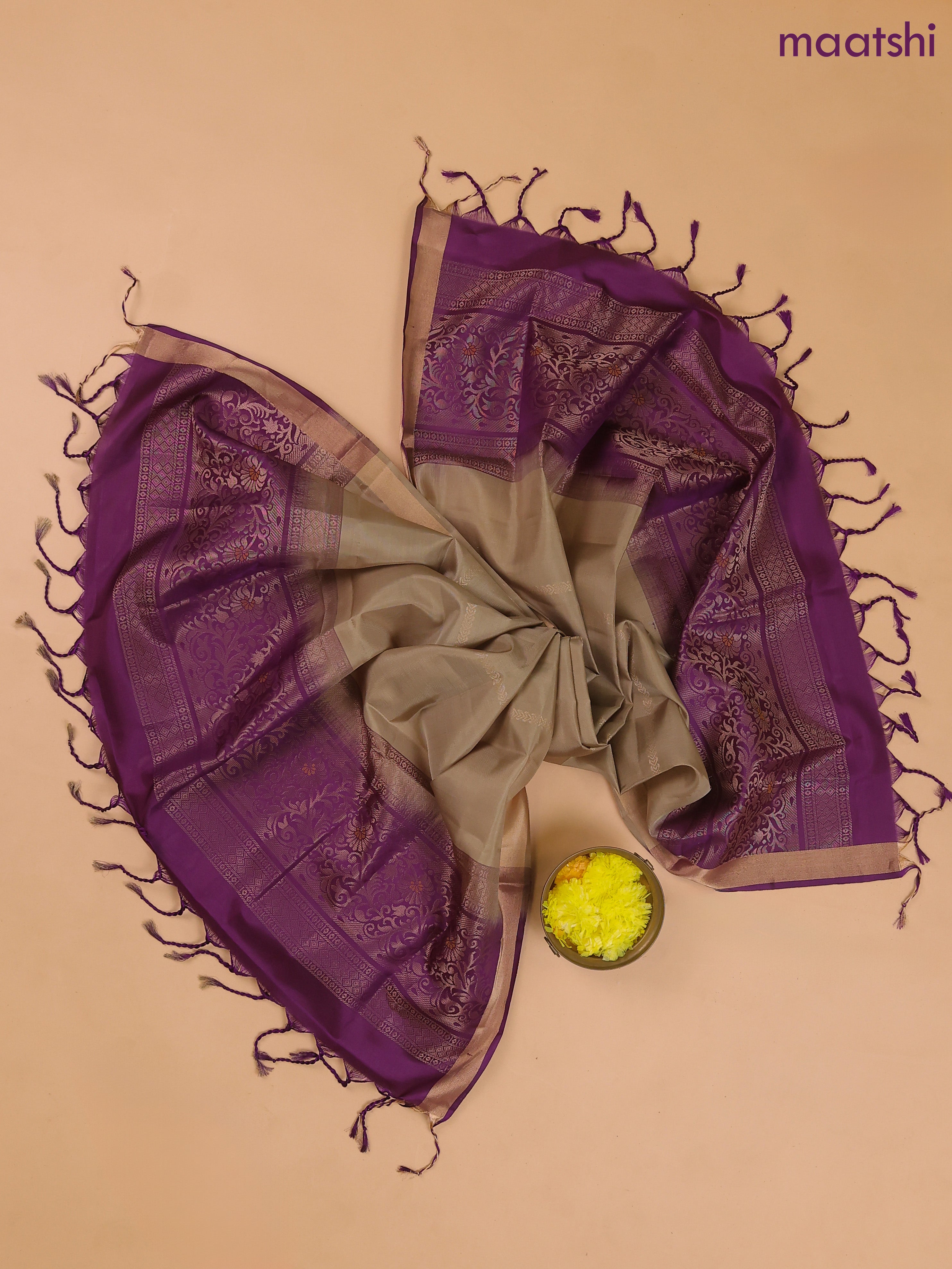 Deep Purple and Elaichi Green Pure Silk Dress Material With Zari Buttas