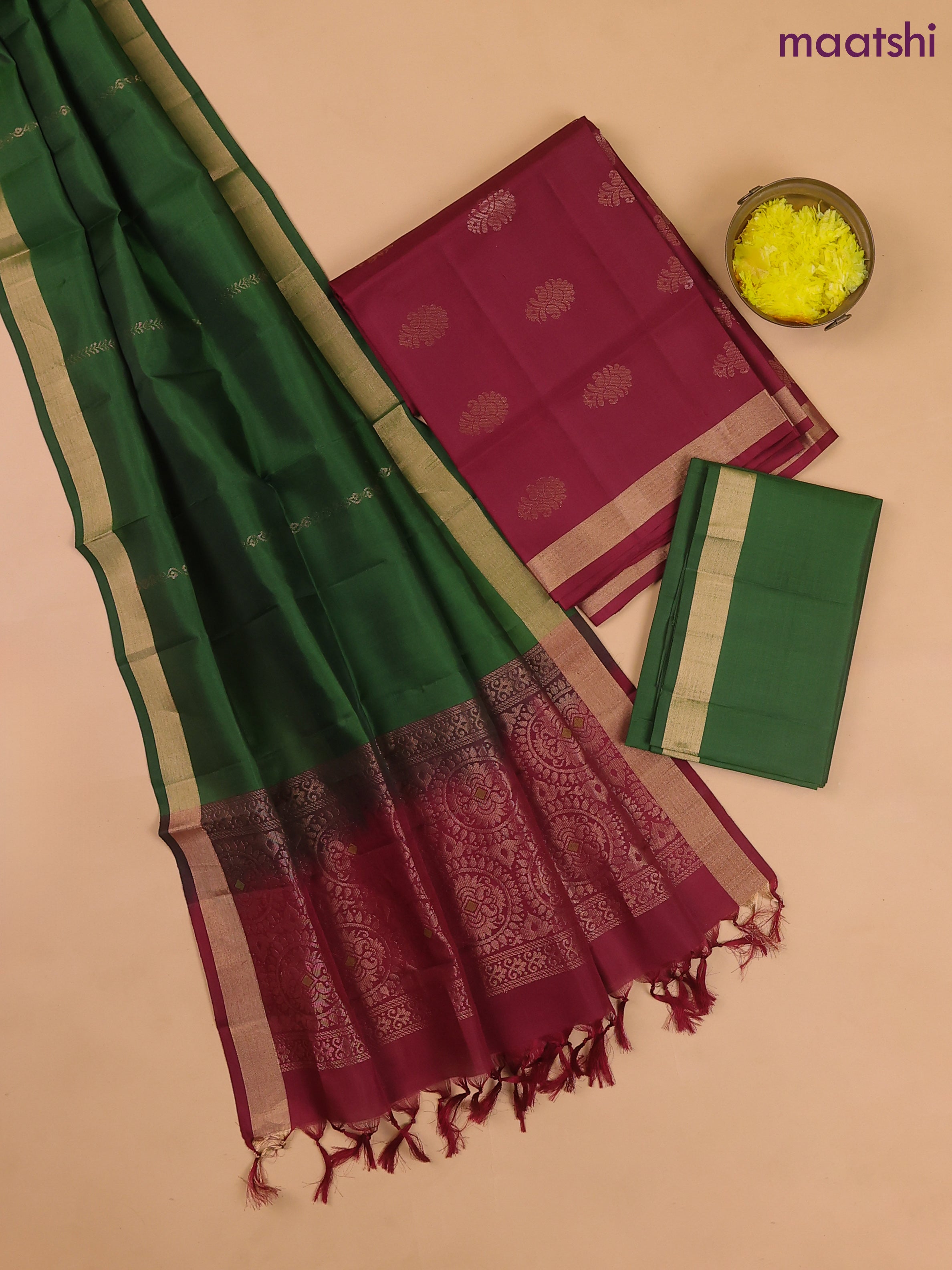 Maroon and Bottle Green Pure Silk Dress Material With Zari Buttas