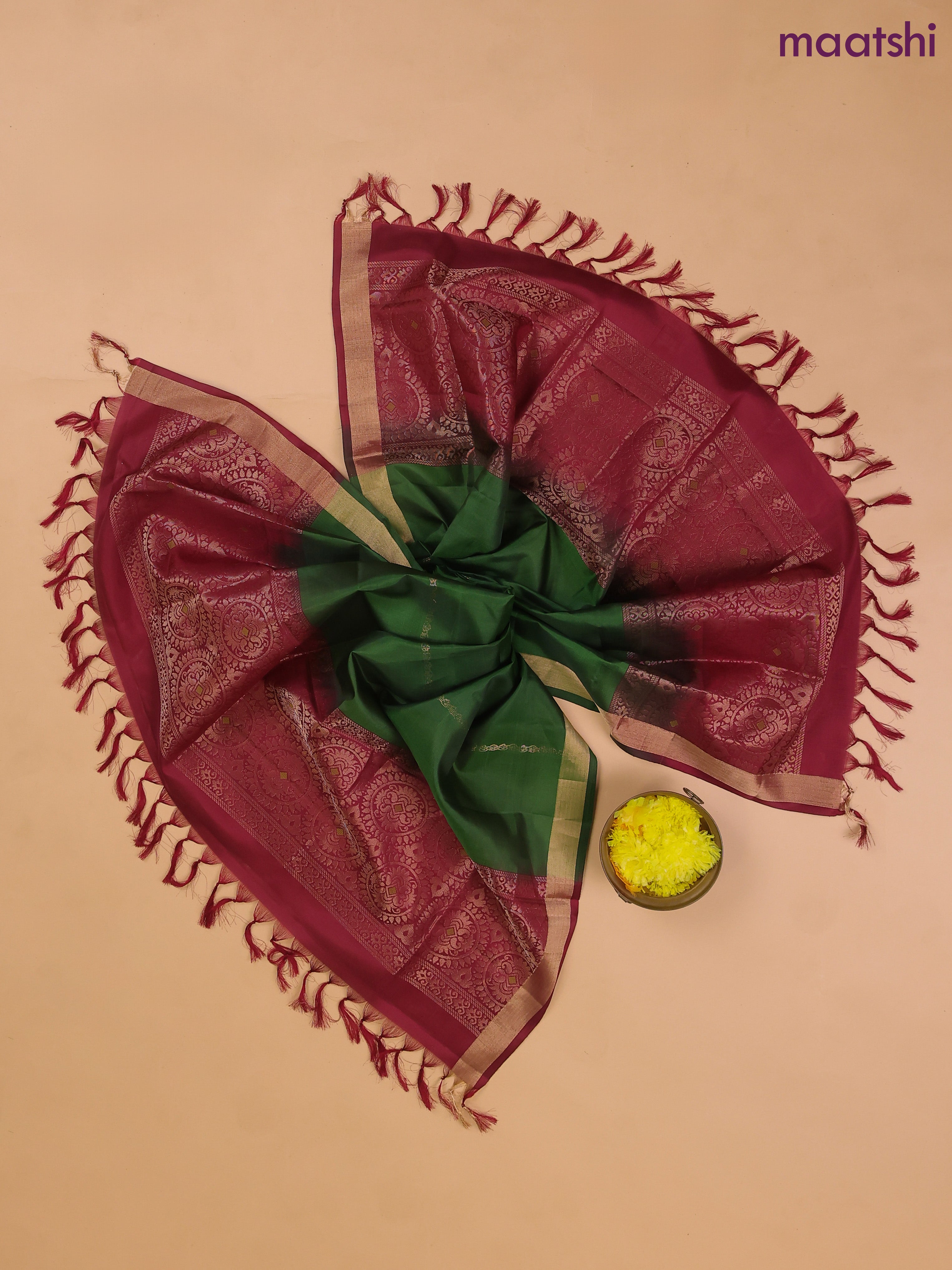 Maroon and Bottle Green Pure Silk Dress Material With Zari Buttas