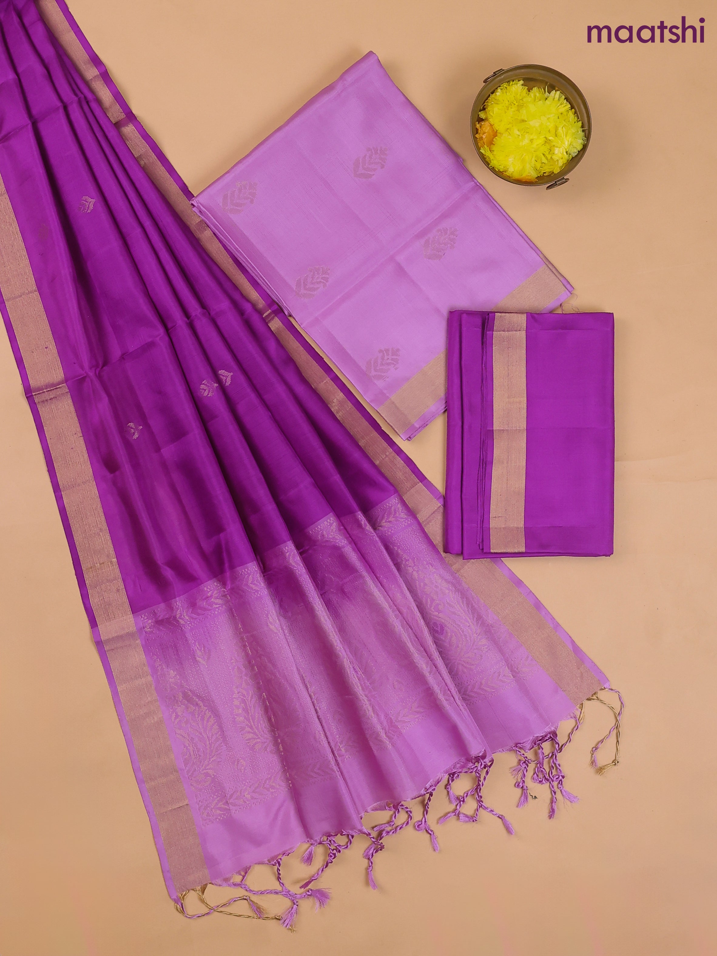 Lavender and Violet Pure Silk Dress Material With Zari Buttas