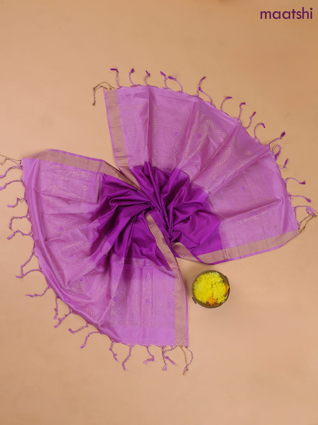 Lavender and Violet Pure Silk Dress Material With Zari Buttas