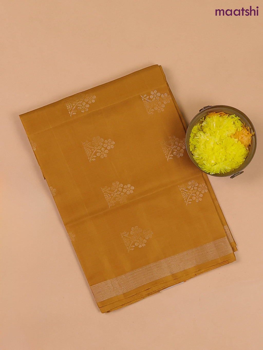 Mustard Yellow and Deep Purple Pure Silk Dress Material With Zari Buttas