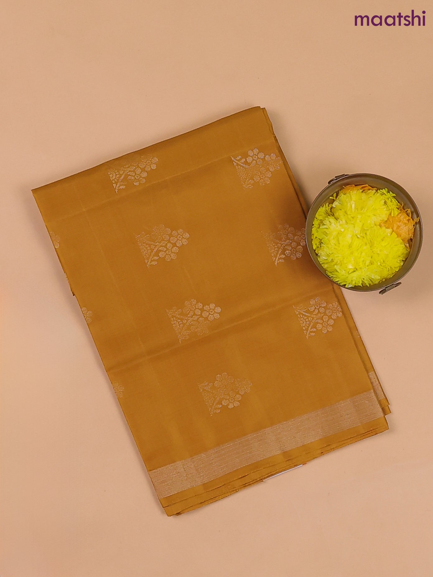 Mustard Yellow and Deep Purple Pure Silk Dress Material With Zari Buttas