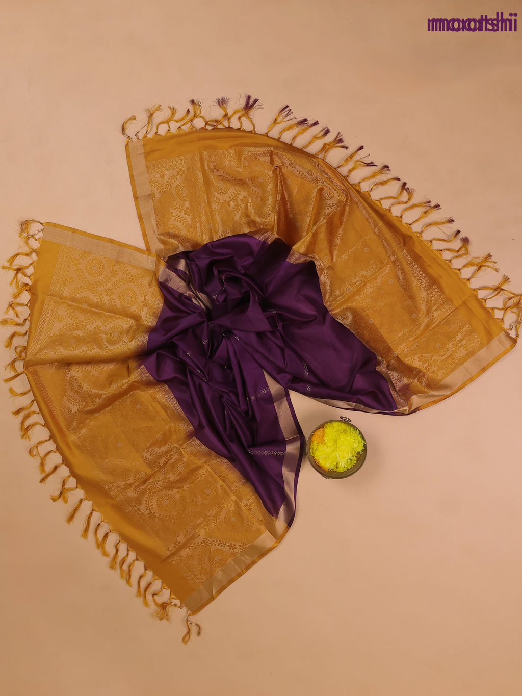Mustard Yellow and Deep Purple Pure Silk Dress Material With Zari Buttas