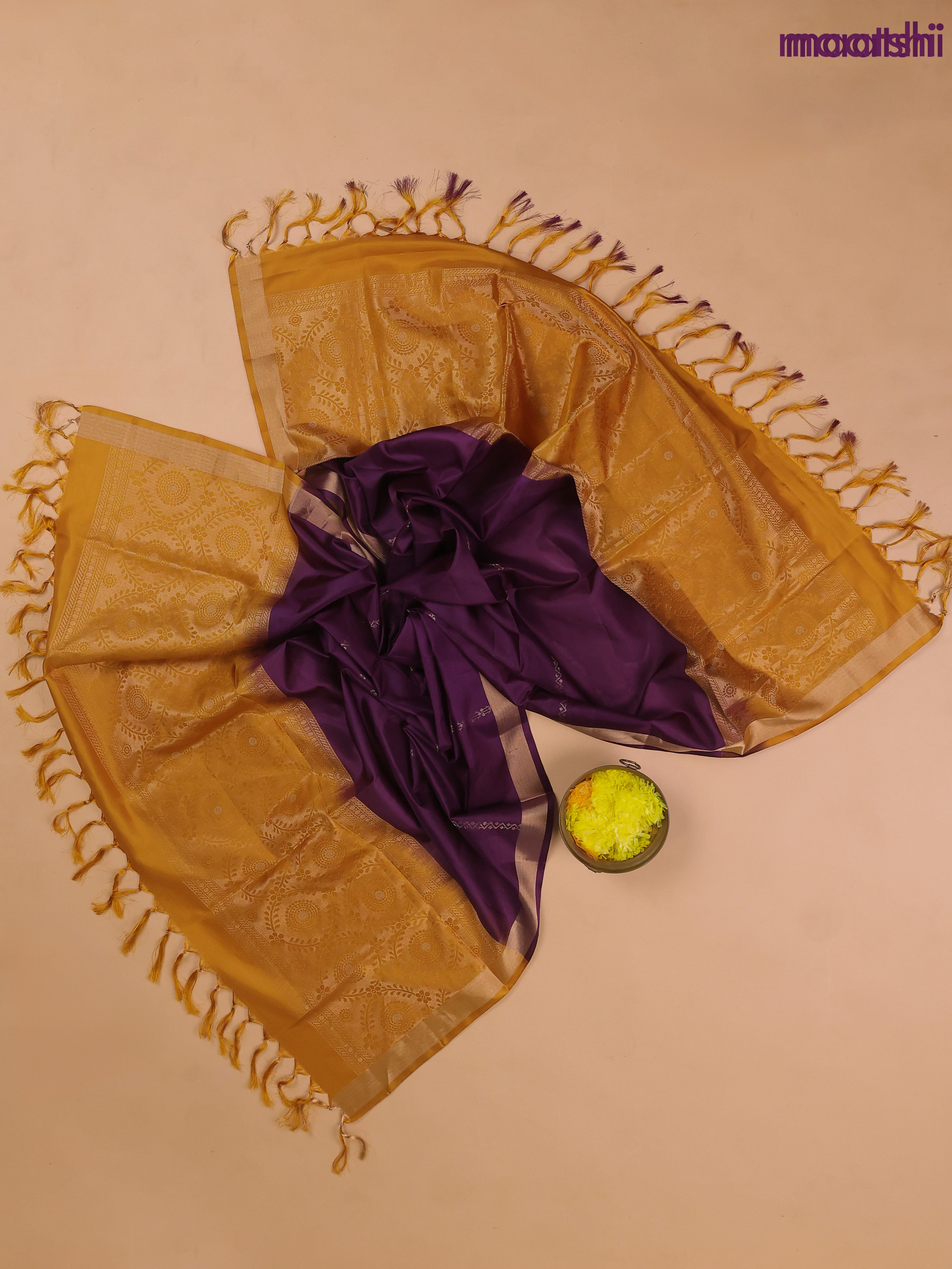Mustard Yellow and Deep Purple Pure Silk Dress Material With Zari Buttas