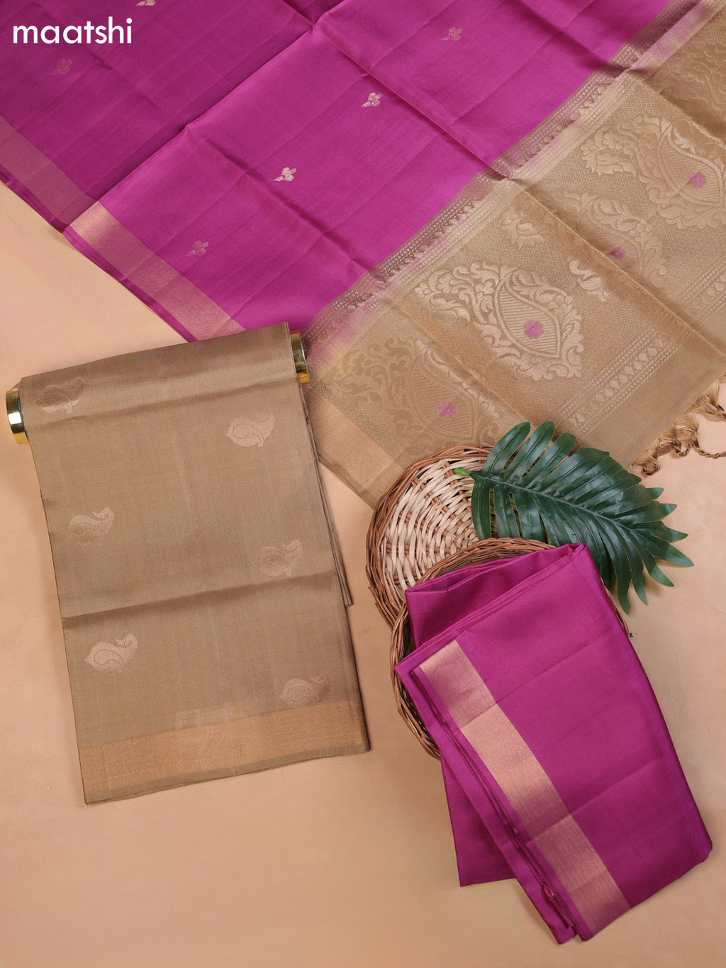 Elaichi Green and Purple Pure Silk Dress Material With Zari Butta