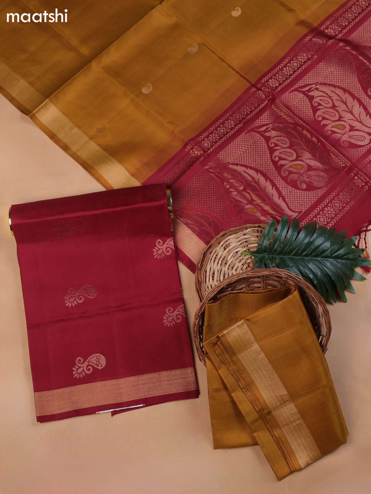 Maroon and Mustard Yellow Pure Silk Dress Material With Zari Butta
