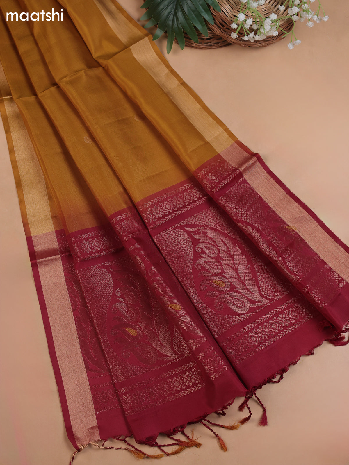Maroon and Mustard Yellow Pure Silk Dress Material With Zari Butta
