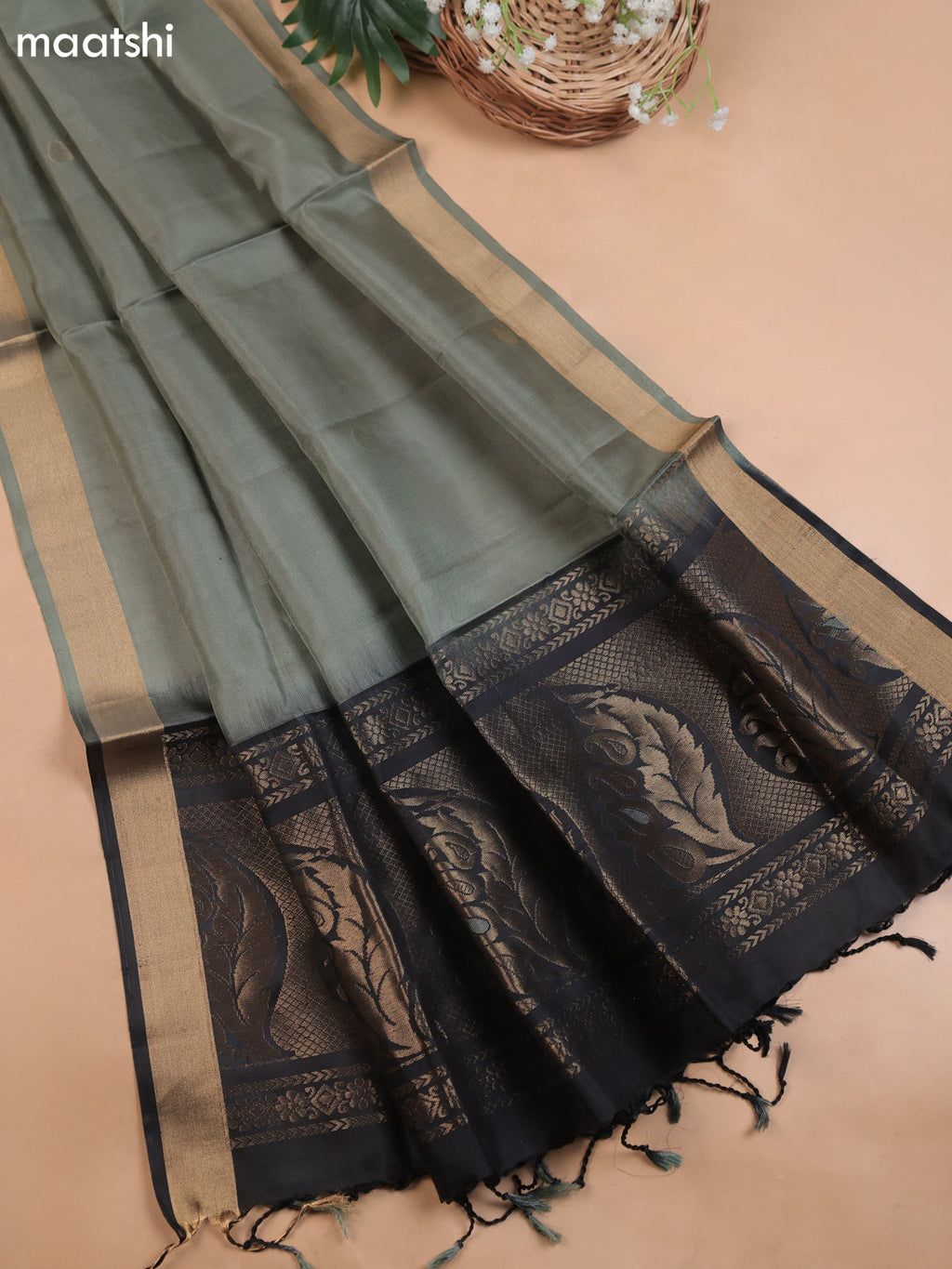 Black and Pastel Green Pure Silk Dress Material With Zari Butta