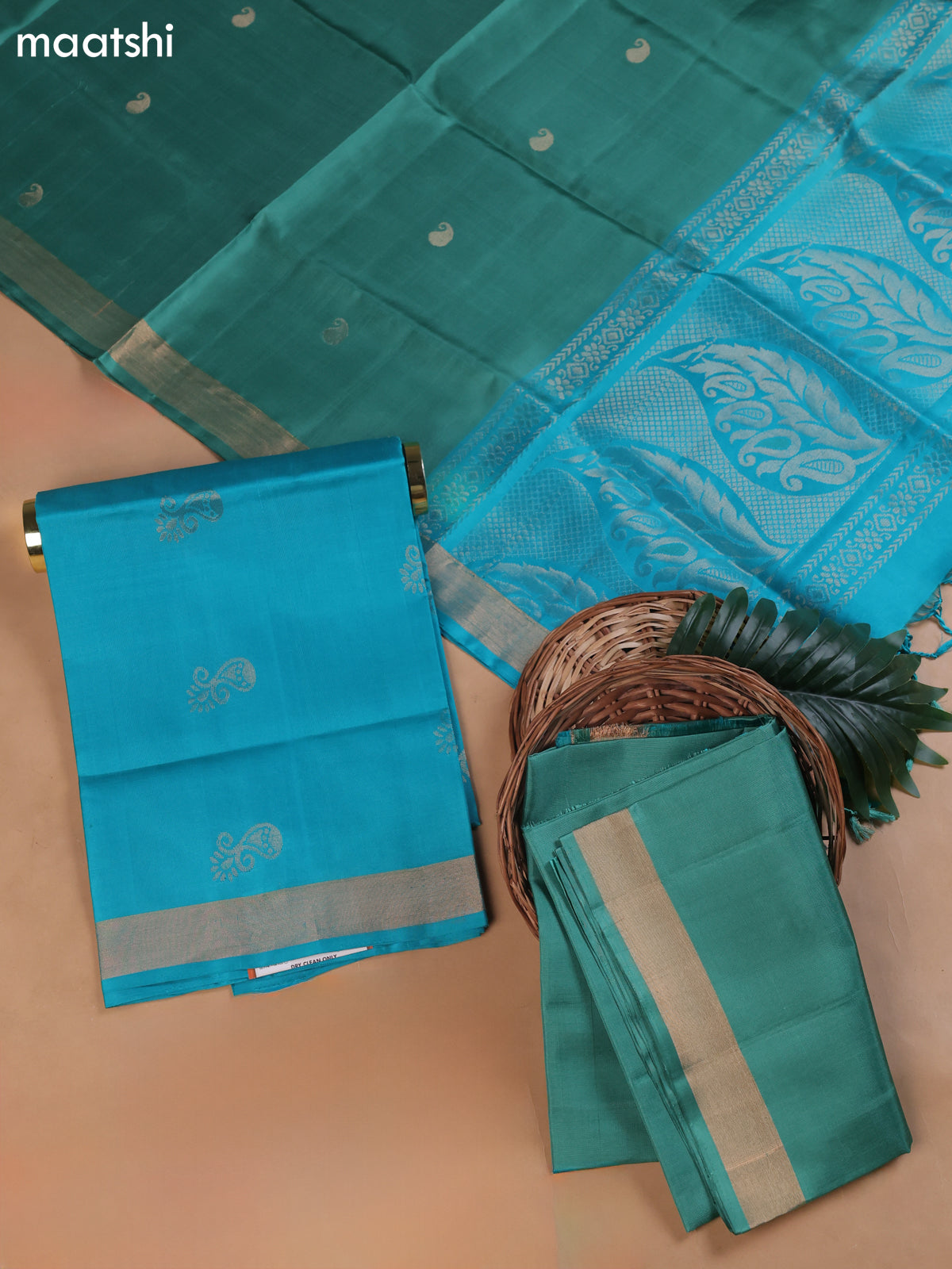 Teal Blue and Pastel Green Pure Silk Dress Material With Zari Butta