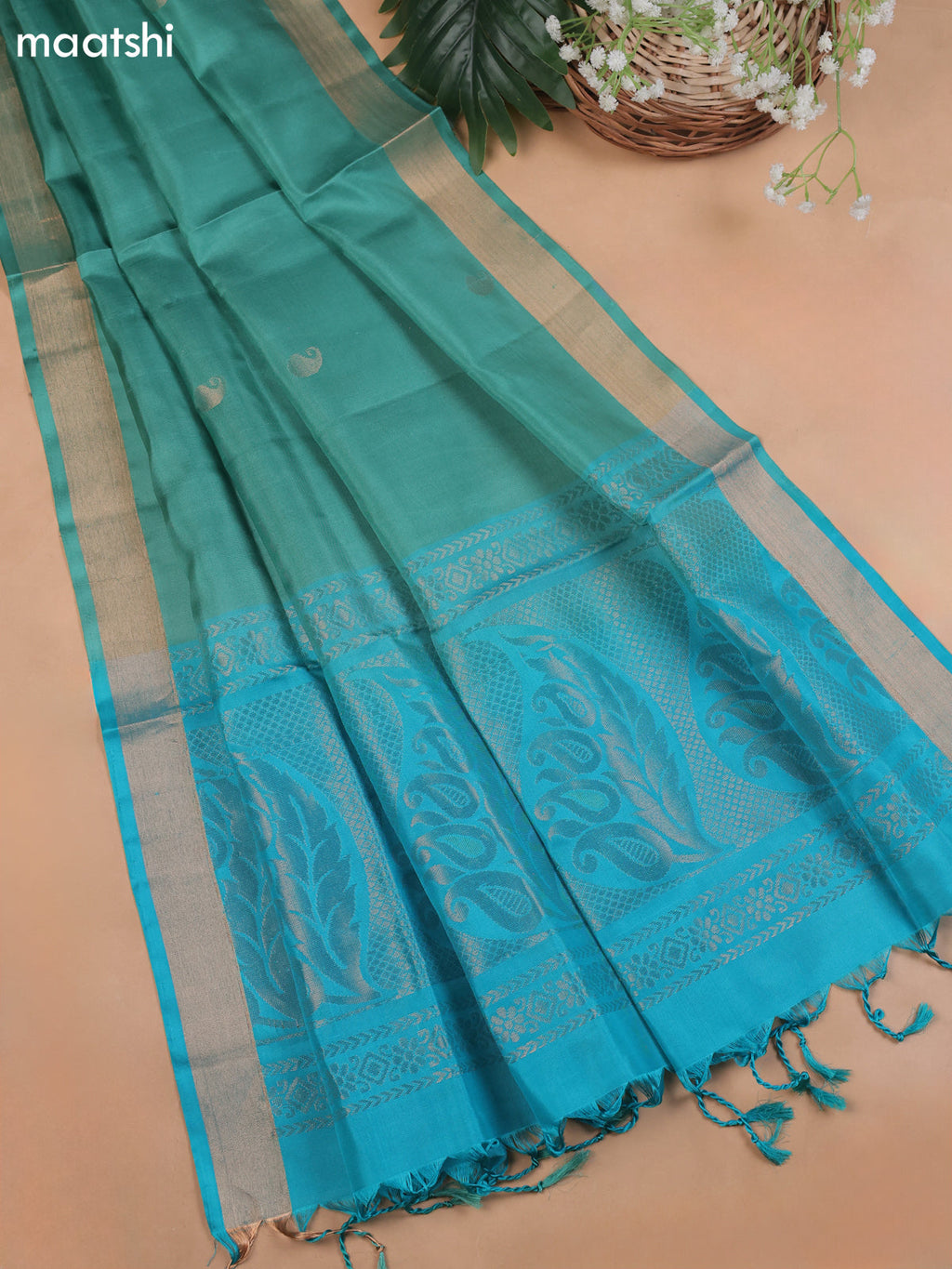 Teal Blue and Pastel Green Pure Silk Dress Material With Zari Butta