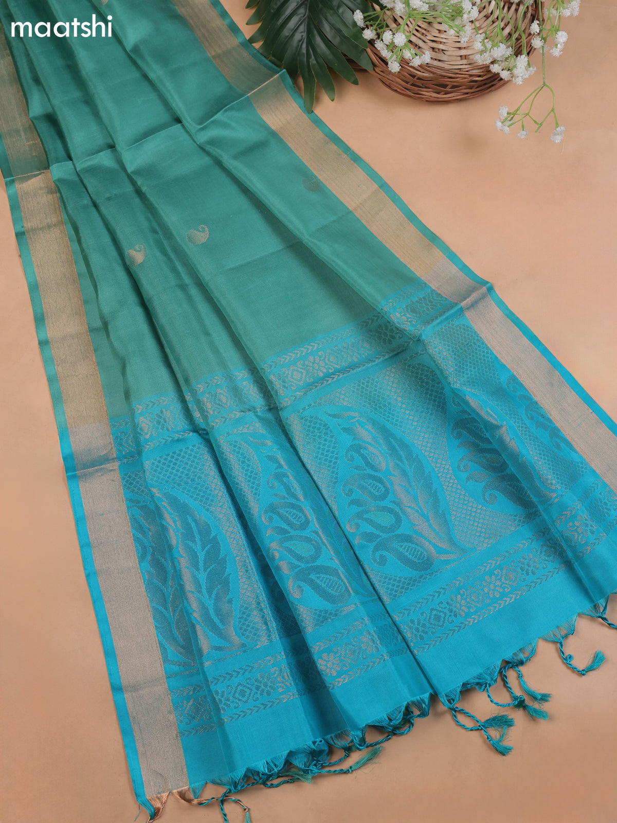 Teal Blue and Pastel Green Pure Silk Dress Material With Zari Butta