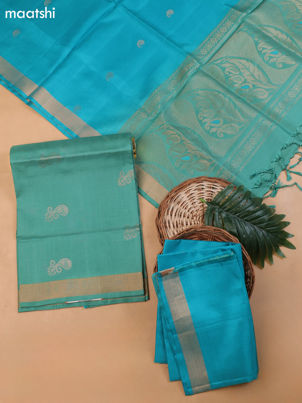 Pastel Green and Teal Blue Pure Silk Dress Material With Zari Butta