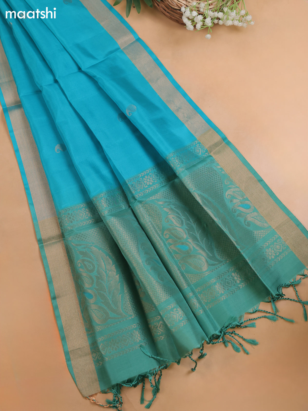 Pastel Green and Teal Blue Pure Silk Dress Material With Zari Butta