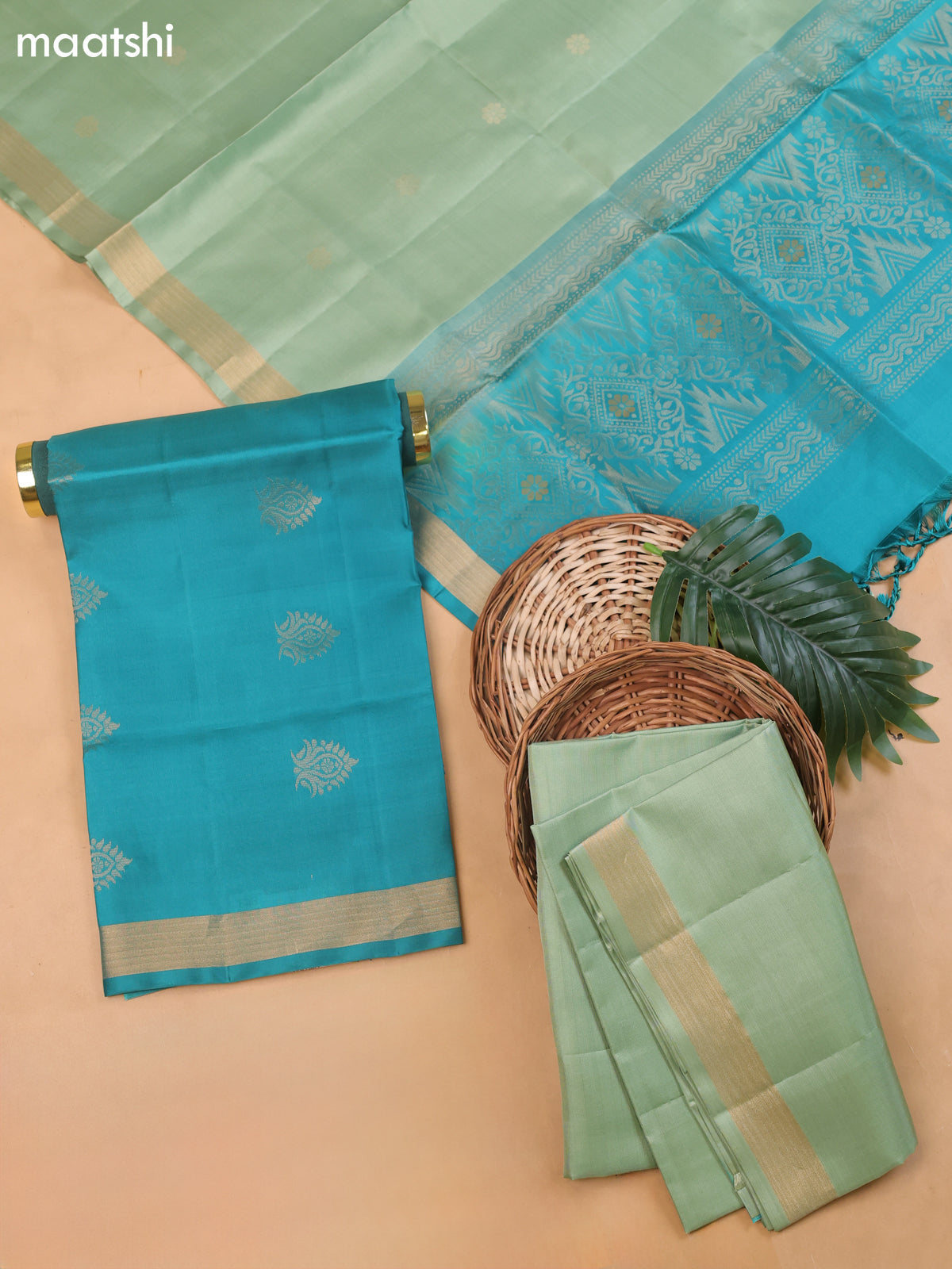Teal Blue and Elaichi Green Pure Silk Dress Material With Zari Butta