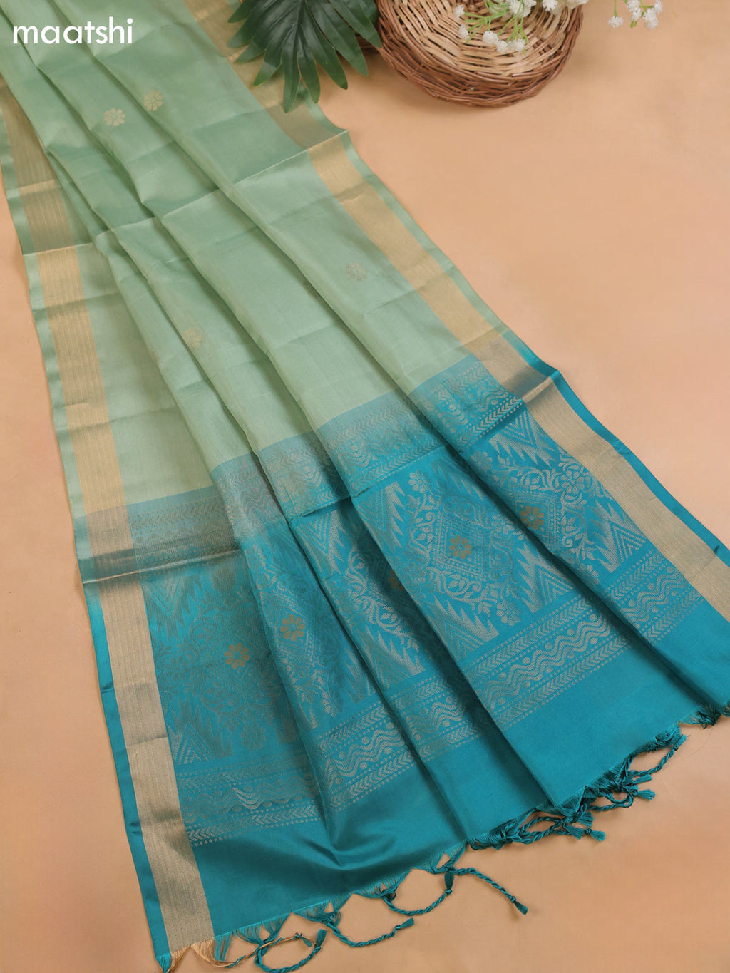 Teal Blue and Elaichi Green Pure Silk Dress Material With Zari Butta