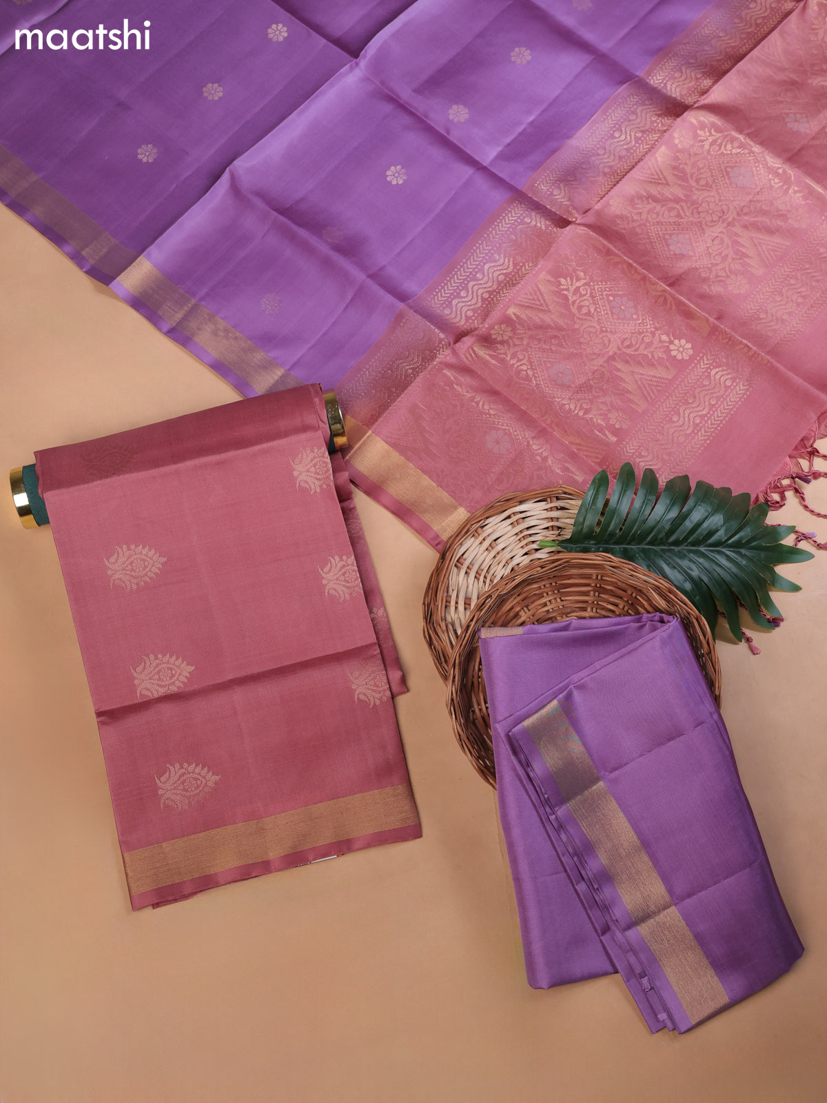 Mauve Pink and Lavender Pure Silk Dress Material With Zari Butta