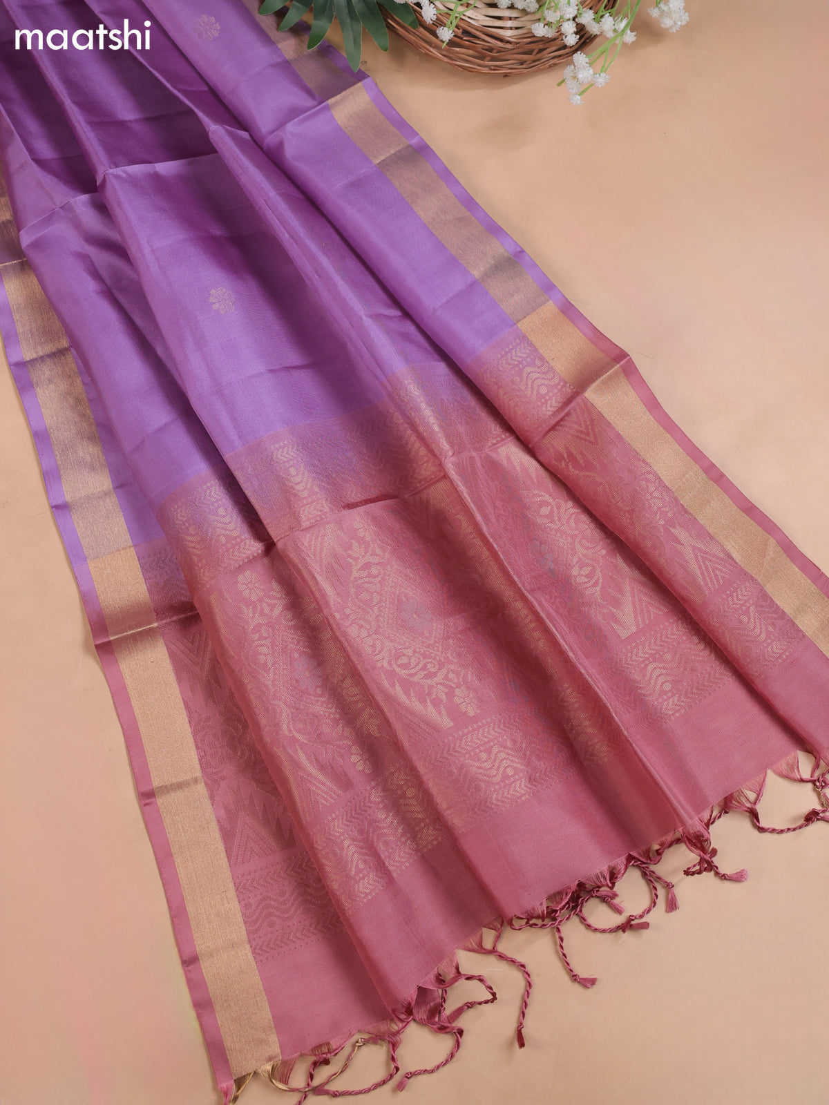 Mauve Pink and Lavender Pure Silk Dress Material With Zari Butta