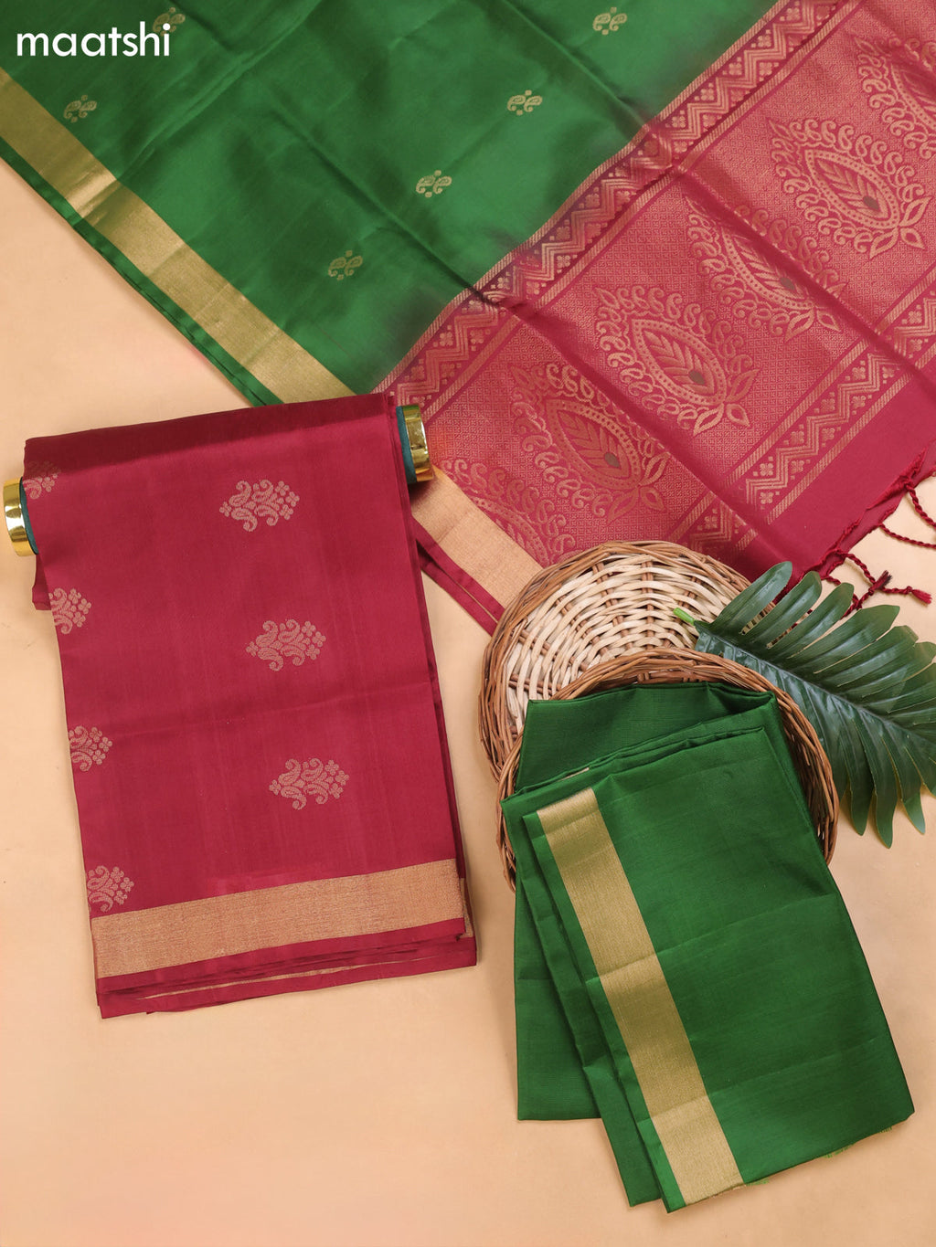 Maroon and Green Pure Silk Dress Material With Zari Butta
