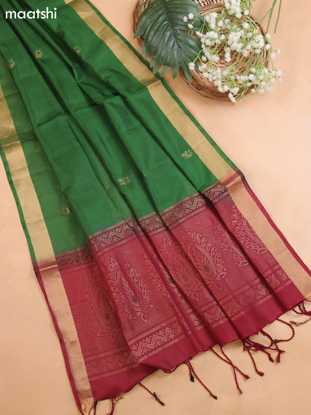 Maroon and Green Pure Silk Dress Material With Zari Butta