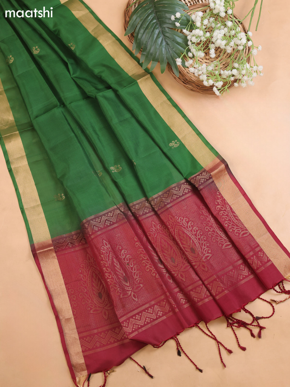 Maroon and Green Pure Silk Dress Material With Zari Butta