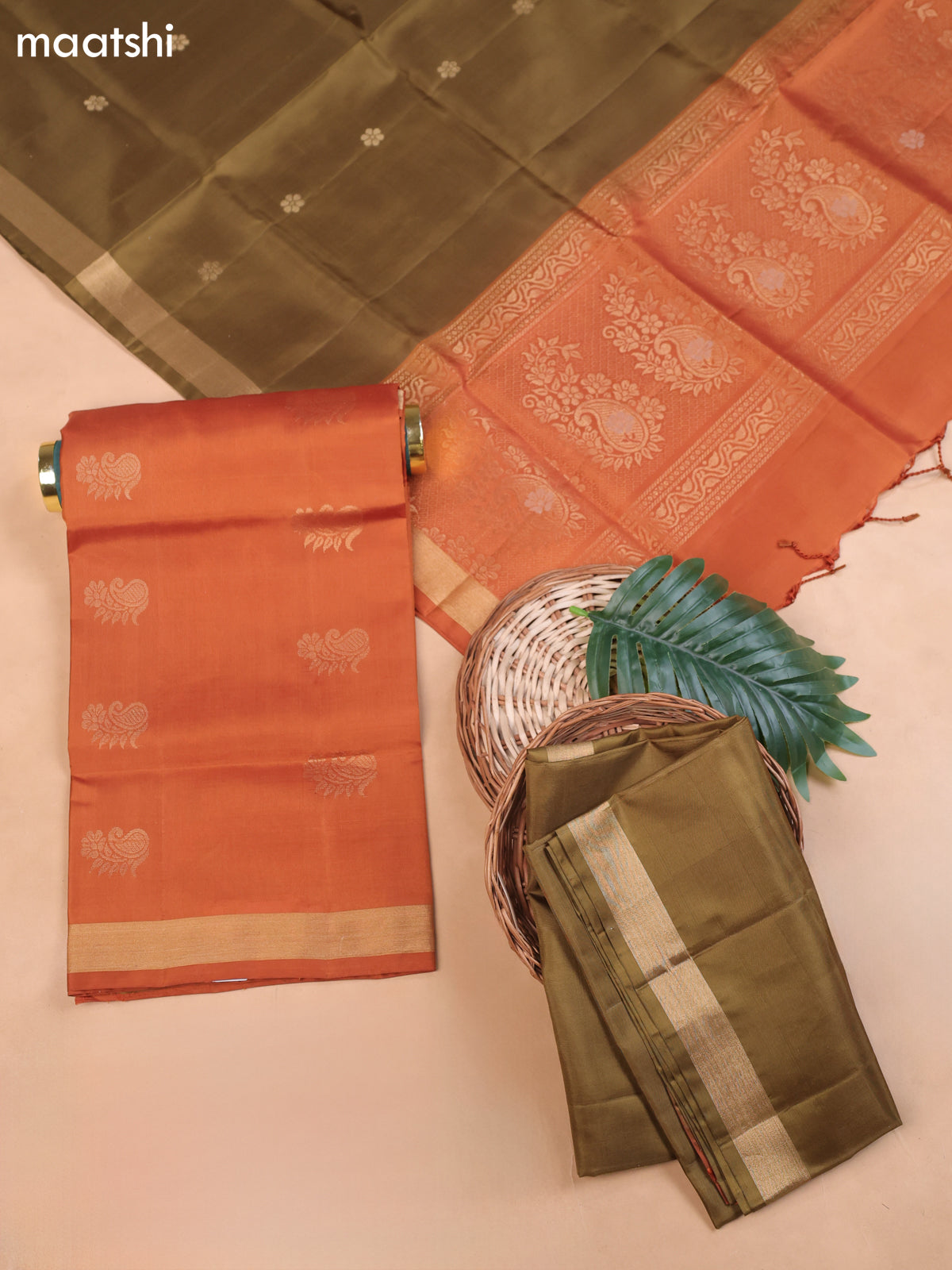 Rust Orange and Green Pure Silk Dress Material With Zari Butta