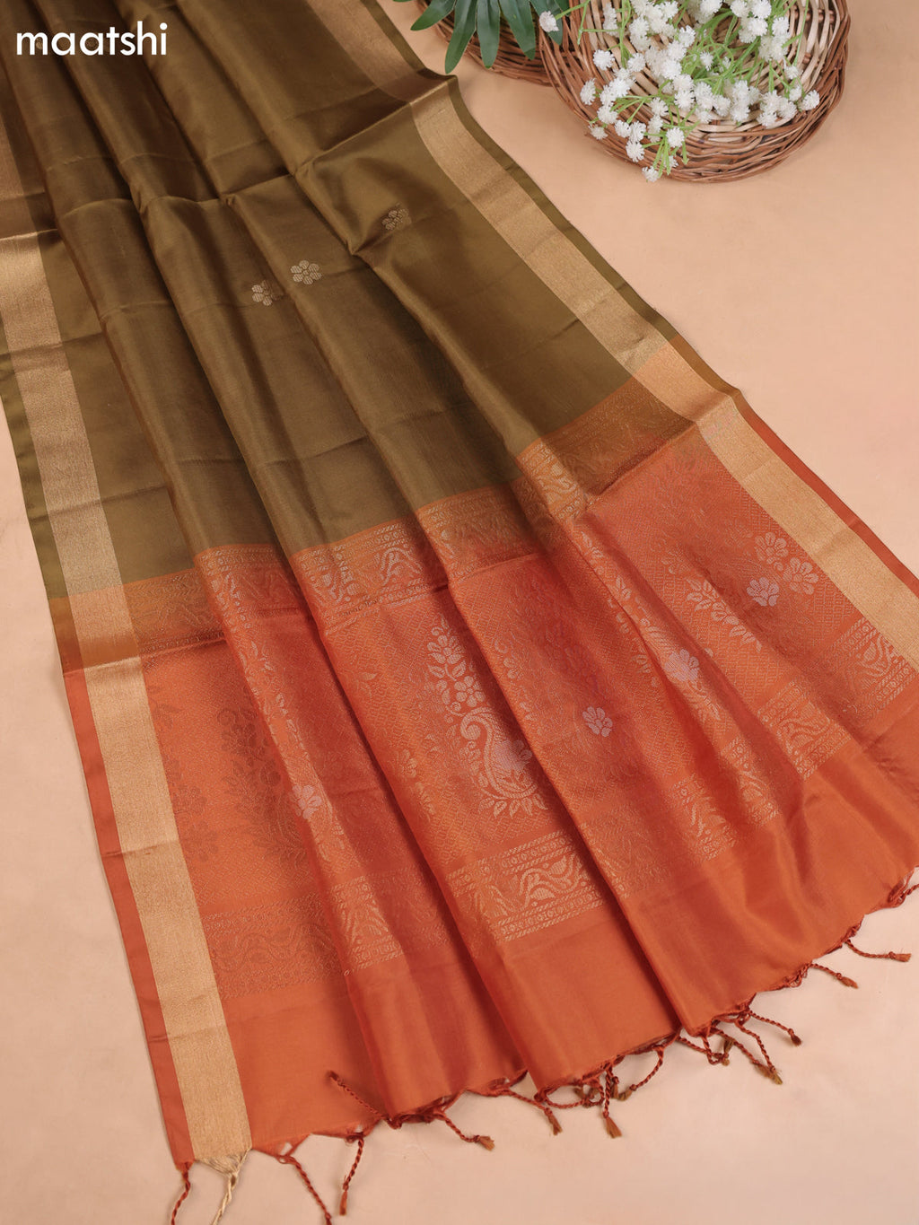 Rust Orange and Green Pure Silk Dress Material With Zari Butta
