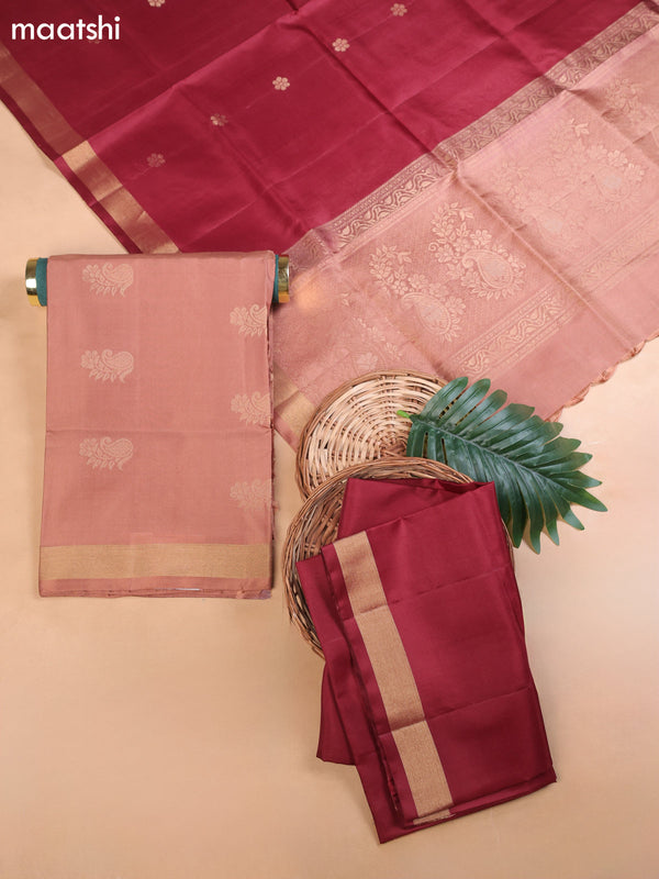 Pastel Brown and Maroon Pure Silk Dress Material With Zari Butta