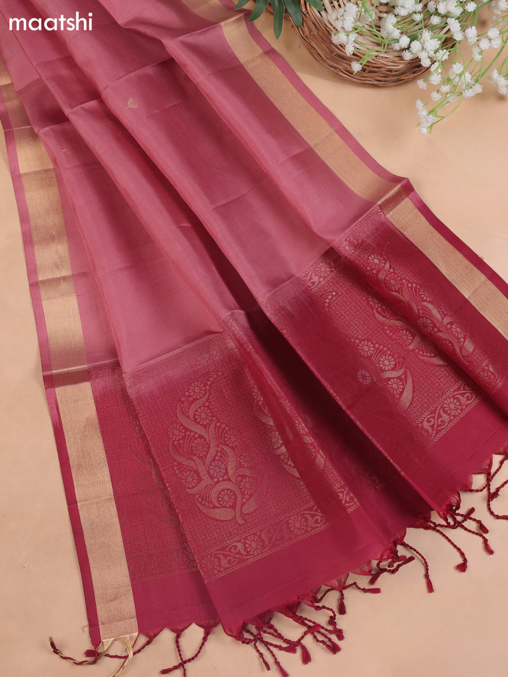 Mauve Pink and Maroon Pure Silk Dress Material With Zari Butta