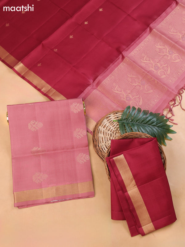 Maroon and Mauve Pink Pure Silk Dress Material With Zari Butta