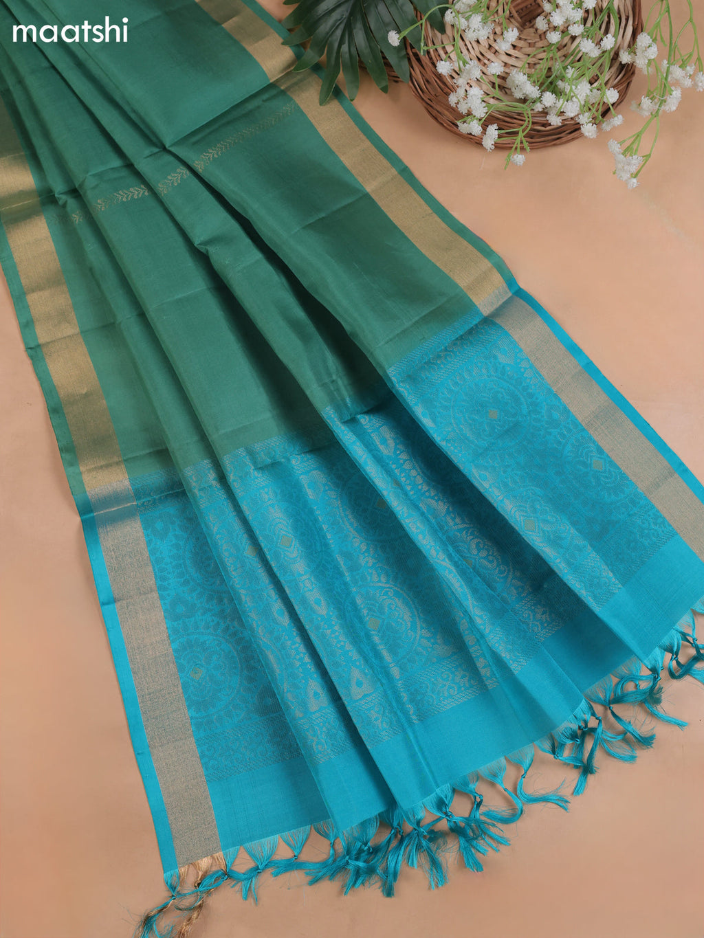Teal Blue and Pastel Green Pure Silk Dress Material With Zari Butta