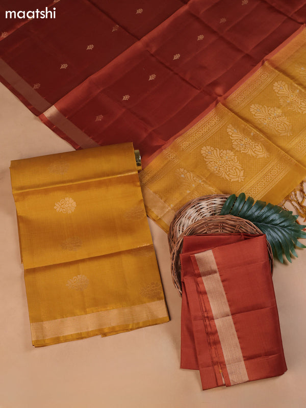 Mustard Yellow and Rust Orange Pure Silk Dress Material With Zari Butta