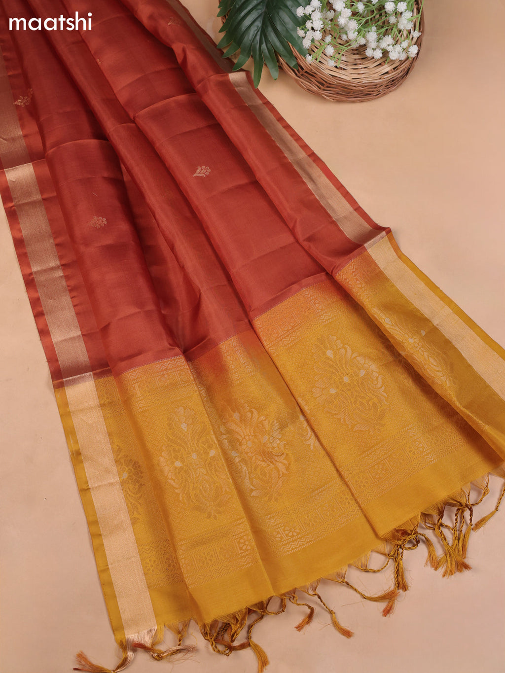 Mustard Yellow and Rust Orange Pure Silk Dress Material With Zari Butta