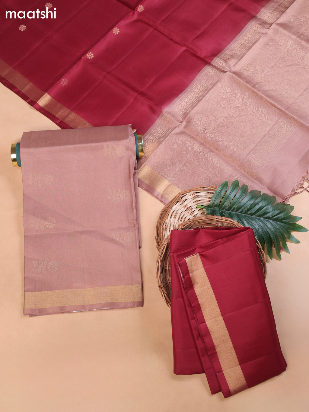 Pastel Brown and Maroon Pure Silk Dress Material With Zari Butta