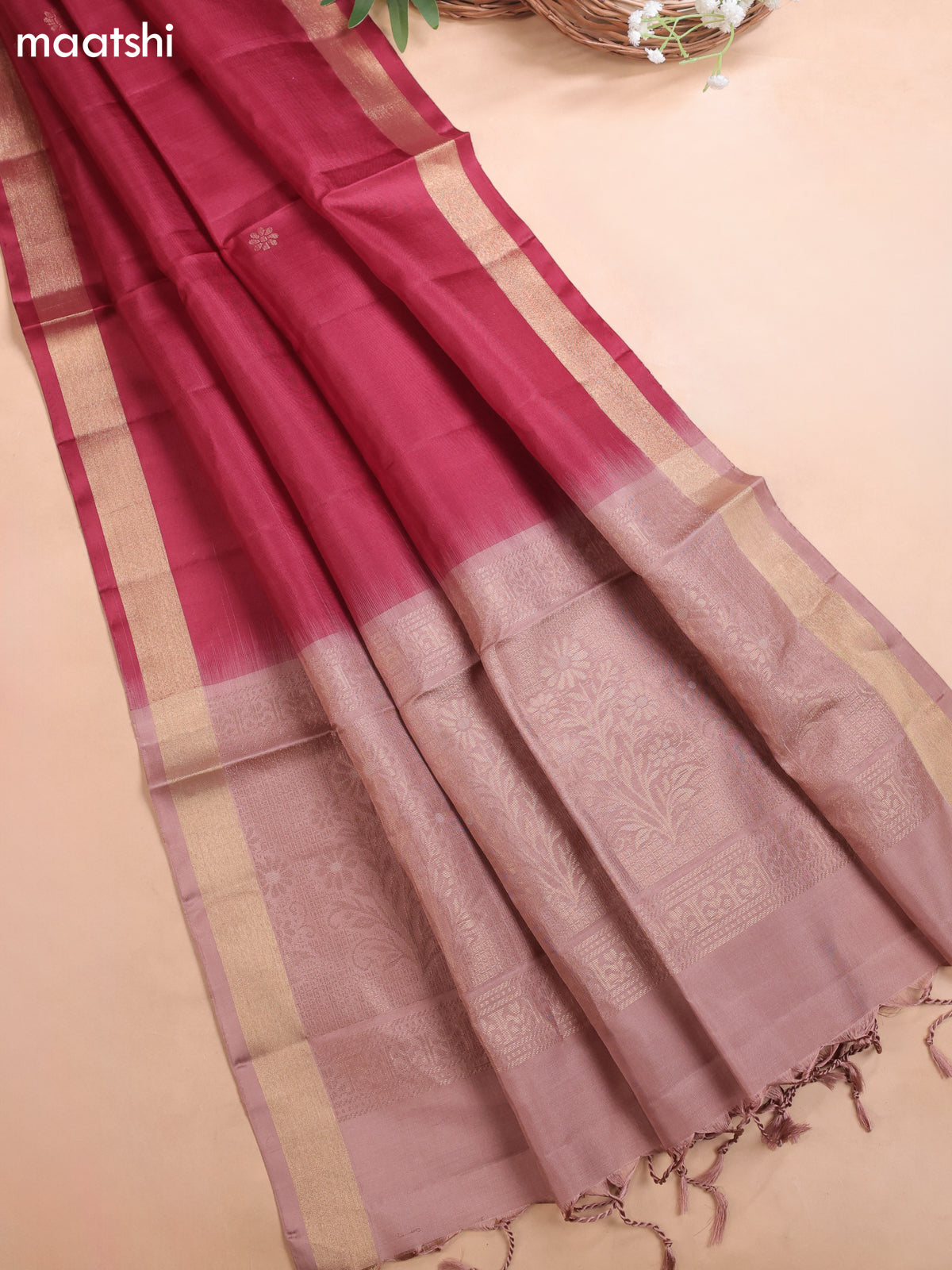 Pastel Brown and Maroon Pure Silk Dress Material With Zari Butta
