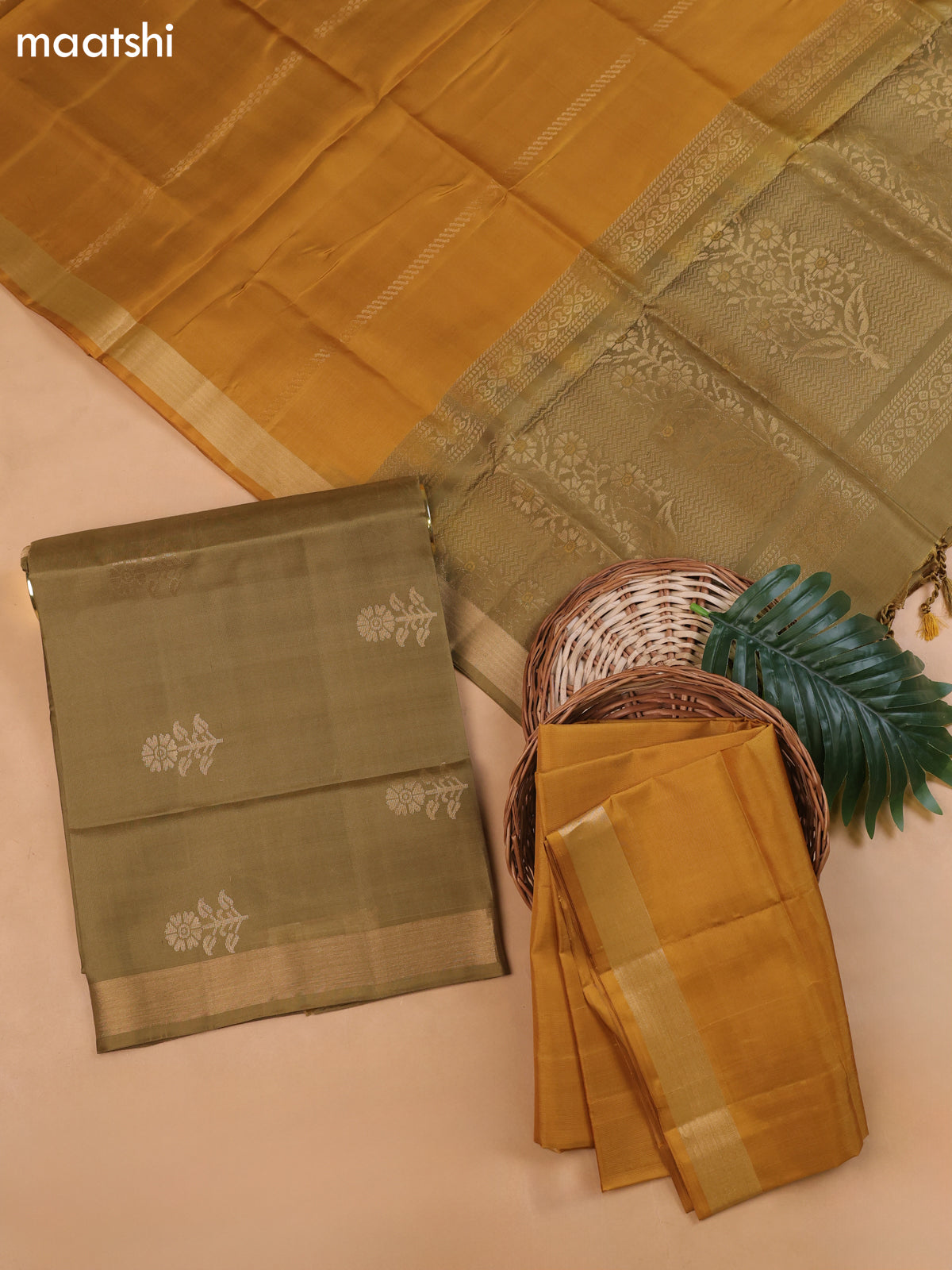 Elaichi Green and Mustard Yellow Pure Silk Dress Material With Zari Butta