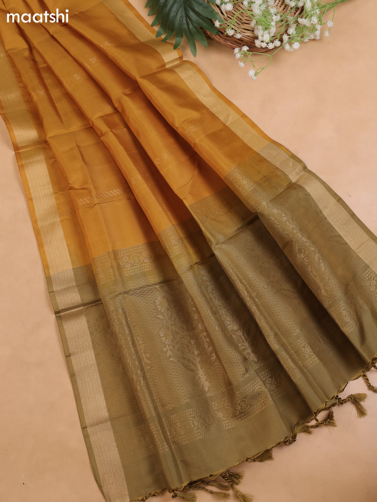 Elaichi Green and Mustard Yellow Pure Silk Dress Material With Zari Butta
