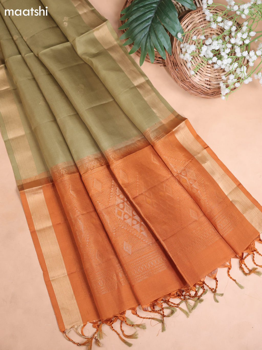 Rust Orange and Elaichi Green Pure Silk Dress Material With Zari Butta