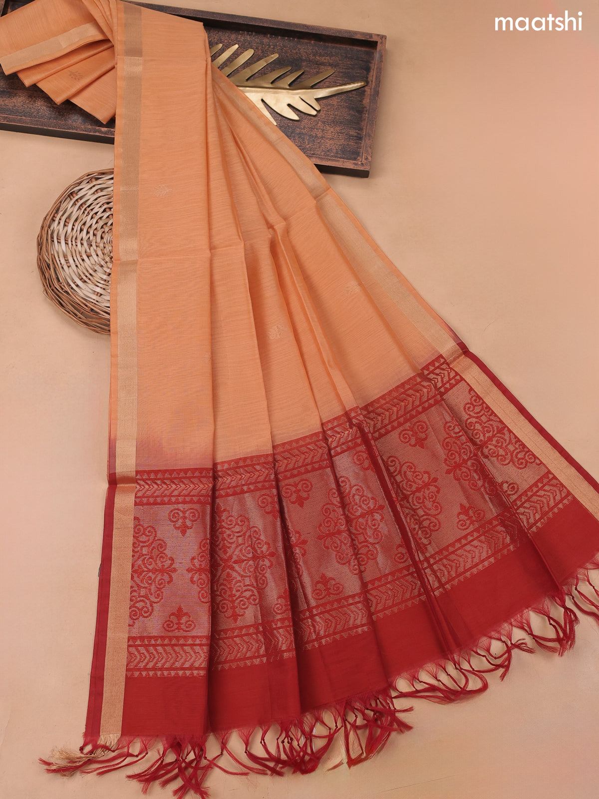 Maroon and Peach Silk Cotton Dress Material With Zari Buttas and Botto – Maatshi