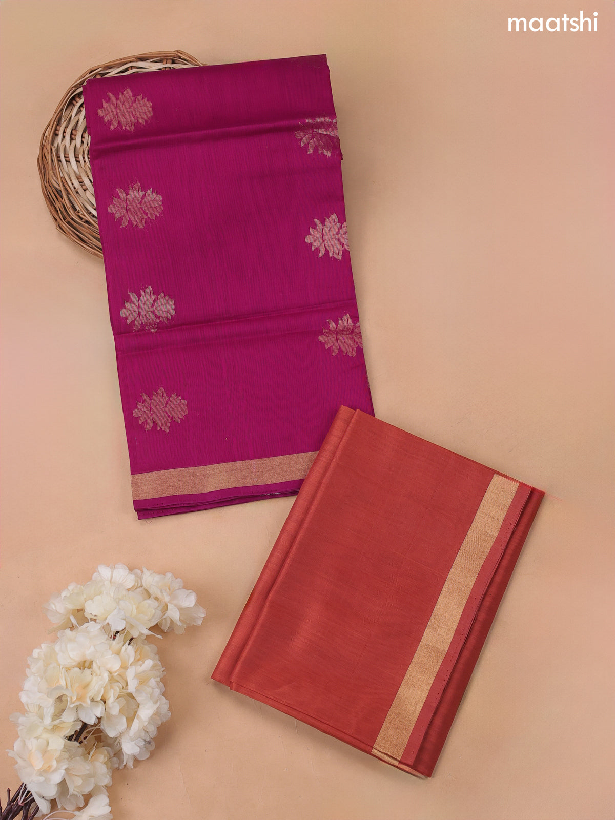 Magenta Pink and Dark Rust Silk Cotton Dress Material With Zari Buttas – Maatshi