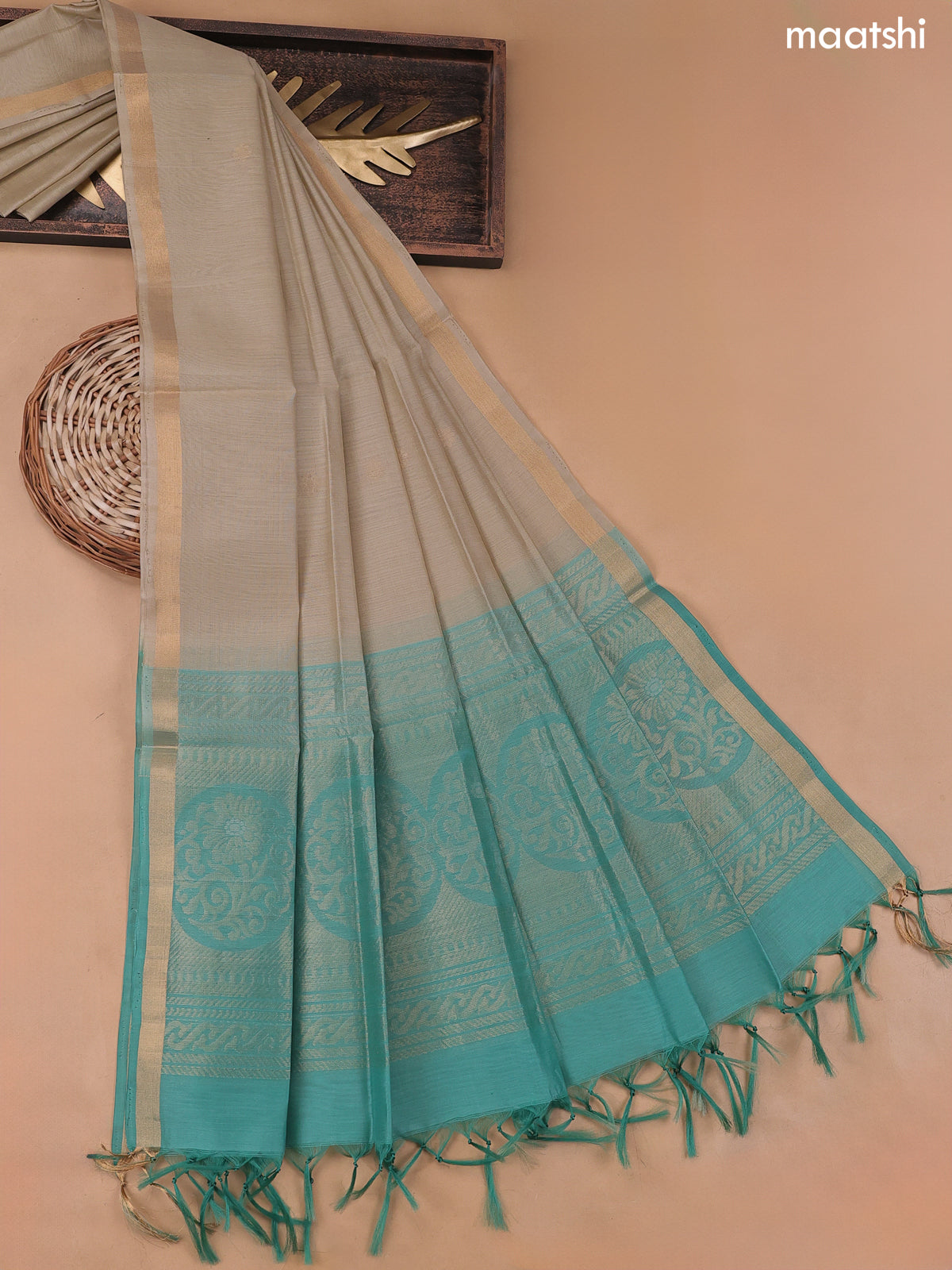 Teal Green and Grey Silk Cotton Dress Material With Zari Buttas and Bo – Maatshi