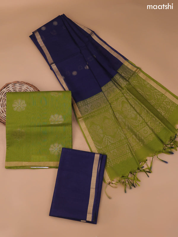 Green and Navy Blue Silk Cotton Dress Material With Zari Buttas and Bottom & Zari Dupatta