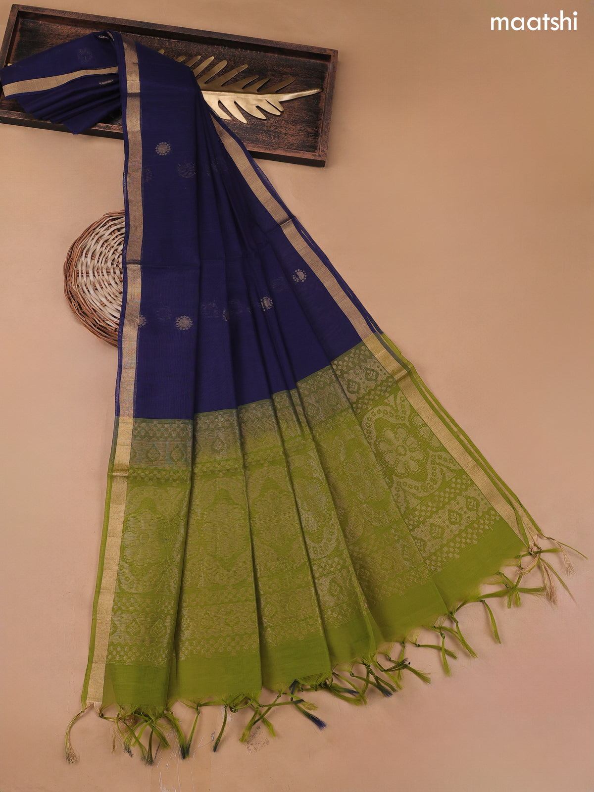 Green and Navy Blue Silk Cotton Dress Material With Zari Buttas and Bo – Maatshi