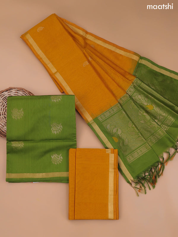 Green and Mustard Yellow Silk Cotton Dress Material With Zari Buttas and Bottom & Zari Dupatta