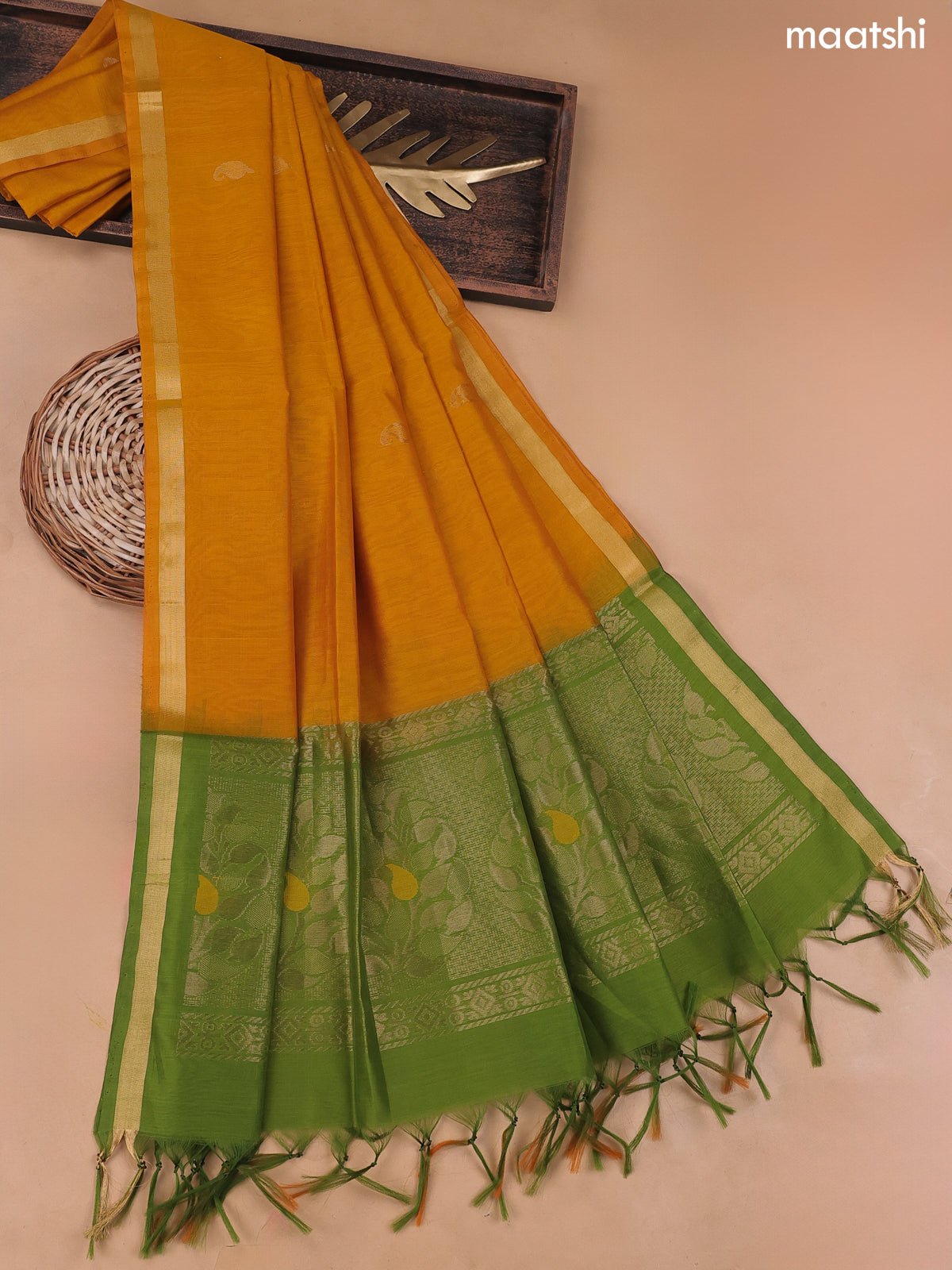 Green and Mustard Yellow Silk Cotton Dress Material With Zari Buttas a – Maatshi