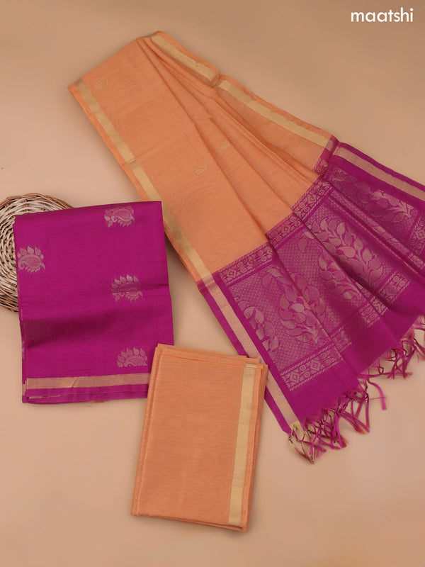 Megenta Pink and Peach Silk Cotton Dress Material With Zari Buttas and Bottom & Zari Dupatta