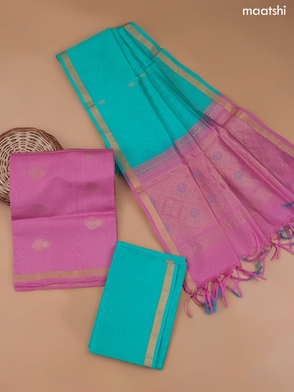 Lotus Pink and Teal Green Silk Cotton Dress Material With Zari Buttas and Bottom & Zari Dupatta