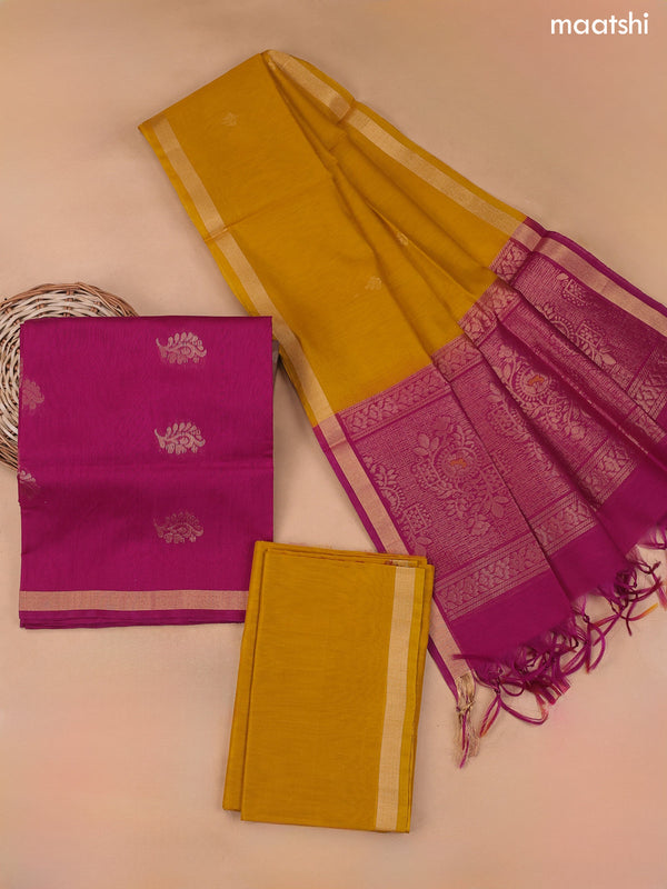 Dark Megenta Pink and Mustard Yellow Silk Cotton Dress Material With Zari Buttas and Bottom & Zari Dupatta